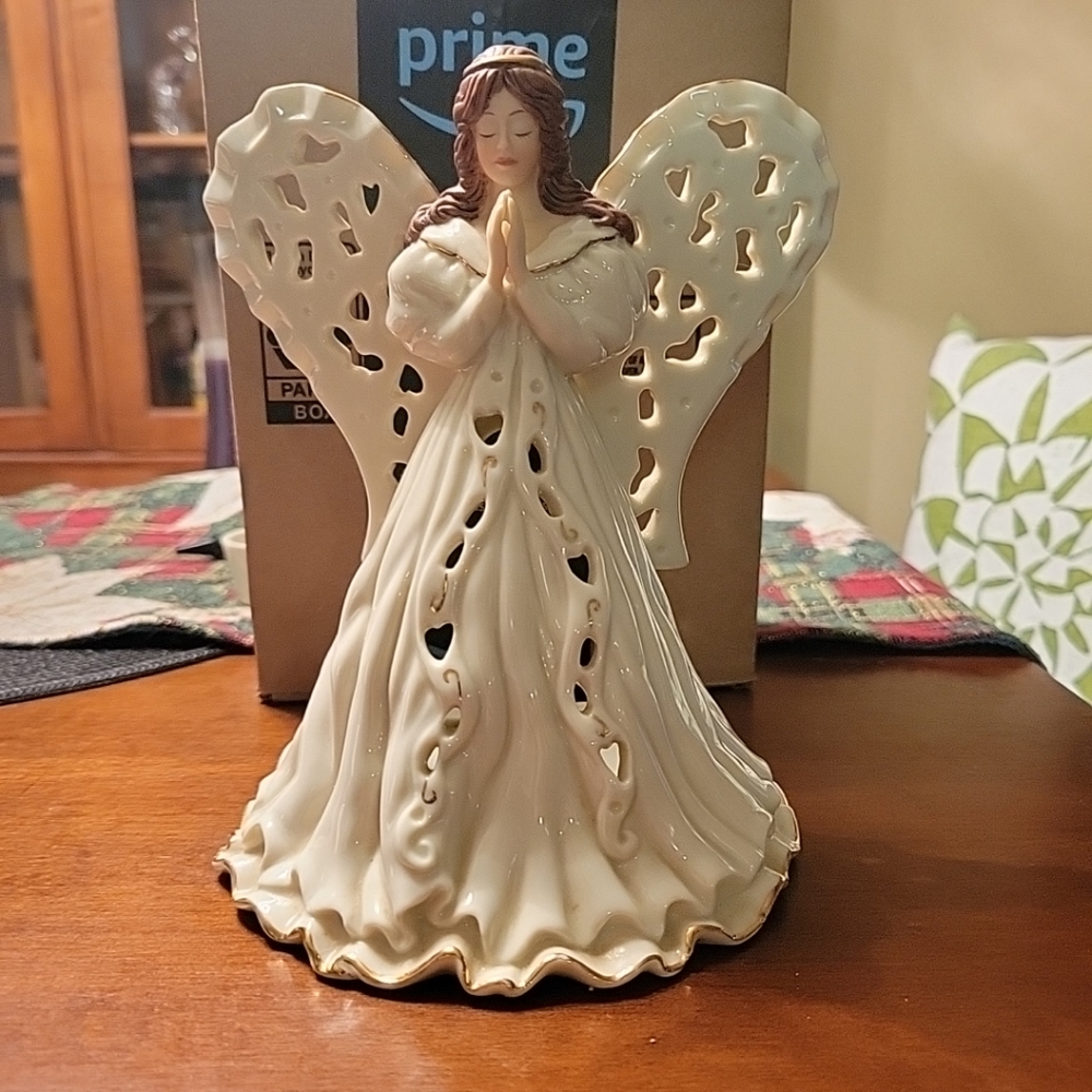 Lenox China Angel 7x6 Angel Of Adoration Votive holder. With gold trim. 1.5 lbs.
